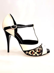 Carica immagine nella Galleria, JANIS   F.626 (R.L. by WISH DANCE) - Scarpa in Pelle Beige e Pelle Nera con inserto in Materiale di Paillettes Leopardate Tacco a Spillo Sottile Smaltato Nero
