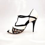 Load image into Gallery viewer, JANIS   F.626 (R.L. by WISH DANCE) - Scarpa in Pelle Beige e Pelle Nera con inserto in Materiale di Paillettes Leopardate Tacco a Spillo Sottile Smaltato Nero
