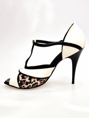 Carica immagine nella Galleria, JANIS   F.626 (R.L. by WISH DANCE) - Scarpa in Pelle Beige e Pelle Nera con inserto in Materiale di Paillettes Leopardate Tacco a Spillo Sottile Smaltato Nero
