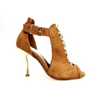 Load image into Gallery viewer, DINKA (2304) -  Scarpa da Donna in Camoscio Cognac inserto collopiede in Glitter Oro Light Tacco a Spillo Laminato Oro
