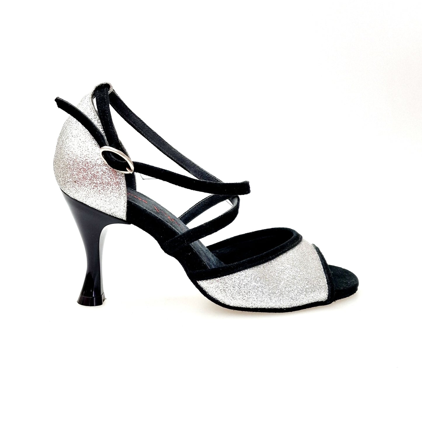 Sandalo in camoscio nero e glitter argento Wish Dance con tacco basso a rocchetto rotondo smaltato nero.