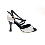 Load image into Gallery viewer, WENDY/BO  F.533 (R.L. by WISH DANCE) - Sandalo in Camoscio Nero e Glitter Argento Tacco Basso a Rocchetto rotondo Smaltato Nero
