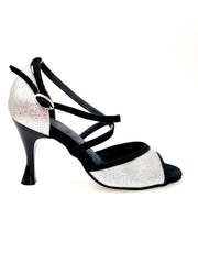 Carica immagine nella Galleria, WENDY/BO  F.533 (R.L. by WISH DANCE) - Sandalo in Camoscio Nero e Glitter Argento Tacco Basso a Rocchetto rotondo Smaltato Nero
