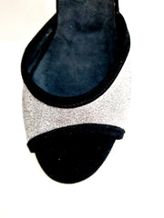 Carica immagine nella Galleria, WENDY/BO  F.533 (R.L. by WISH DANCE) - Sandalo in Camoscio Nero e Glitter Argento Tacco Basso a Rocchetto rotondo Smaltato Nero
