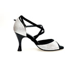 Load image into Gallery viewer, WENDY/BO  F.533 (R.L. by WISH DANCE) - Sandalo in Camoscio Nero e Glitter Argento Tacco Basso a Rocchetto rotondo Smaltato Nero
