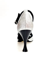 Carica immagine nella Galleria, WENDY/BO  F.533 (R.L. by WISH DANCE) - Sandalo in Camoscio Nero e Glitter Argento Tacco Basso a Rocchetto rotondo Smaltato Nero
