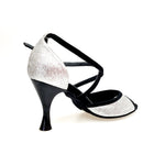 Load image into Gallery viewer, WENDY/BO  F.533 (R.L. by WISH DANCE) - Sandalo in Camoscio Nero e Glitter Argento Tacco Basso a Rocchetto rotondo Smaltato Nero
