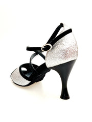 Carica immagine nella Galleria, WENDY/BO  F.533 (R.L. by WISH DANCE) - Sandalo in Camoscio Nero e Glitter Argento Tacco Basso a Rocchetto rotondo Smaltato Nero
