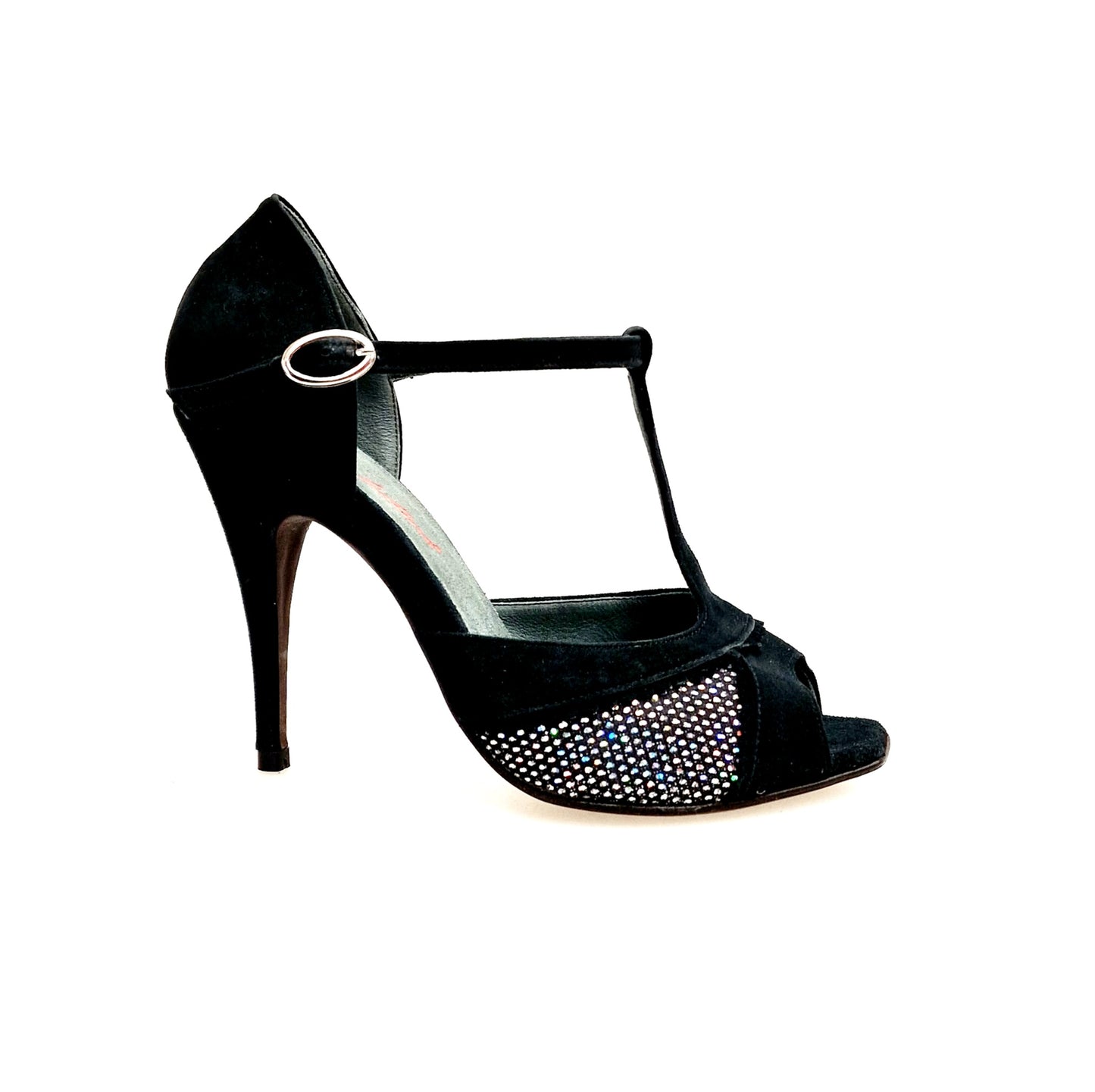 Scarpa in camoscio nero e rachele multicolor con tacco a spillo sottile, modello JANIS F.626 di Wish Dance Shop