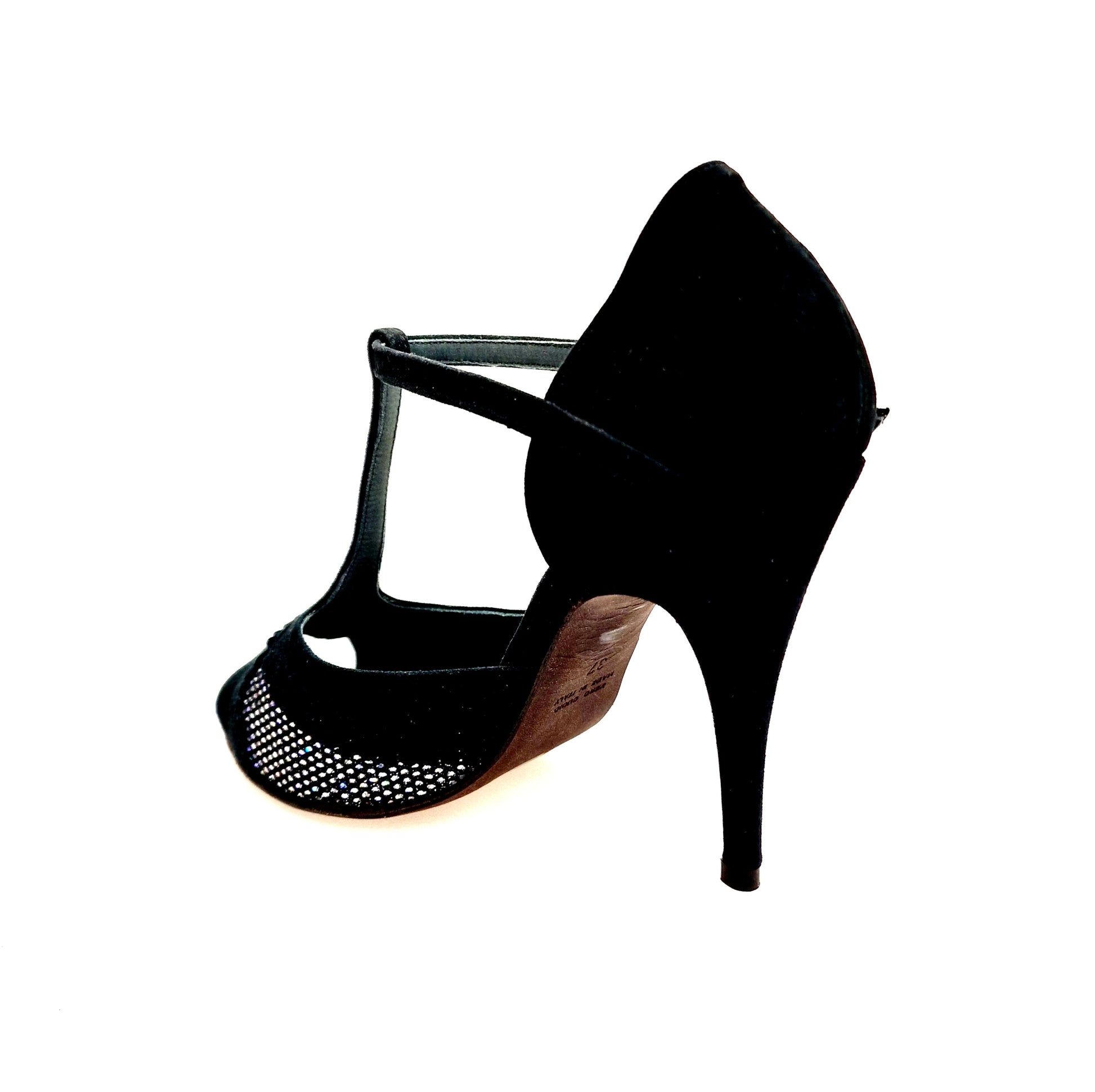 Scarpa in camoscio nero e rachele boreale multicolor con tacco a spillo sottile, modello JANIS F.626 di Wish Dance Shop