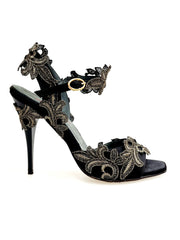 Carica immagine nella Galleria, NURYA PZ F.626 (R.L. by WISH DANCE) Sandalo da Donna in Raso Seta Nera con Applicazione di Pizzo Macramé Tacco a Spillo Sottile Smaltato Nero
