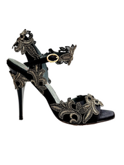 Carica immagine nella Galleria, NURYA PZ F.626 (R.L. by WISH DANCE) Sandalo da Donna in Raso Seta Nera con Applicazione di Pizzo Macramé Tacco a Spillo Sottile Smaltato Nero