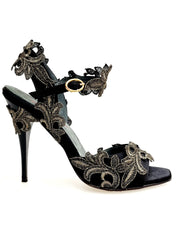 Carica immagine nella Galleria, NURYA PZ F.626 (R.L. by WISH DANCE) Sandalo da Donna in Raso Seta Nera con Applicazione di Pizzo Macramé Tacco a Spillo Sottile Smaltato Nero
