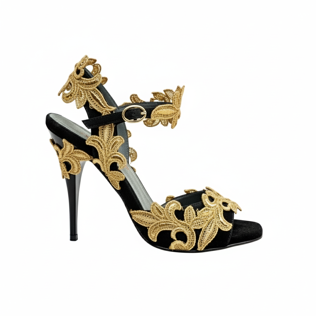 Sandalo da donna Wish Dance PZ F.626 in raso seta nera con applicazione di pizzo macramé e tacco a spillo smaltato nero
