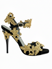 Carica immagine nella Galleria, NURYA PZ F.626 (R.L. by WISH DANCE) Sandalo da Donna in Raso Seta Nera con Applicazione di Pizzo Macramé Tacco a Spillo Sottile Smaltato Nero