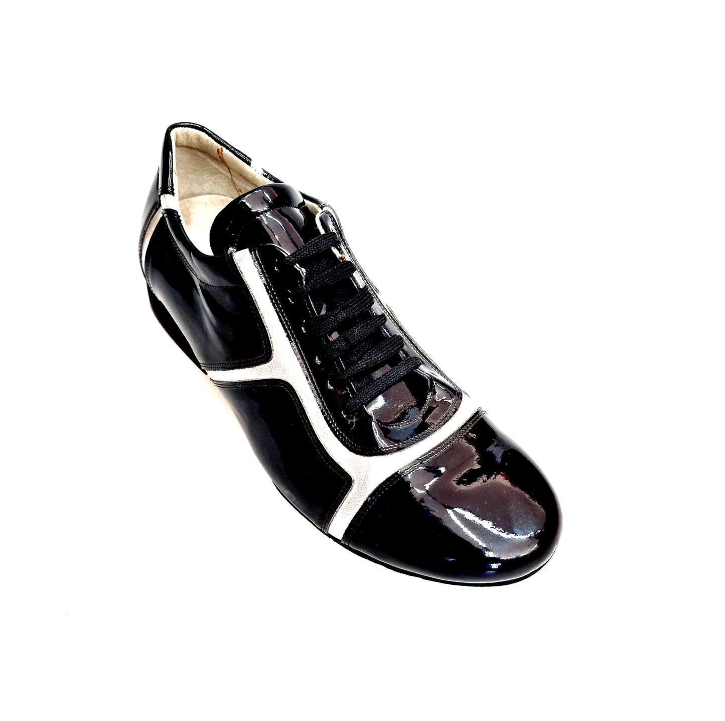 Sneaker Antony 115 da uomo in vernice nera con inserti in pelle argento, scarpa casual elegante e alla moda