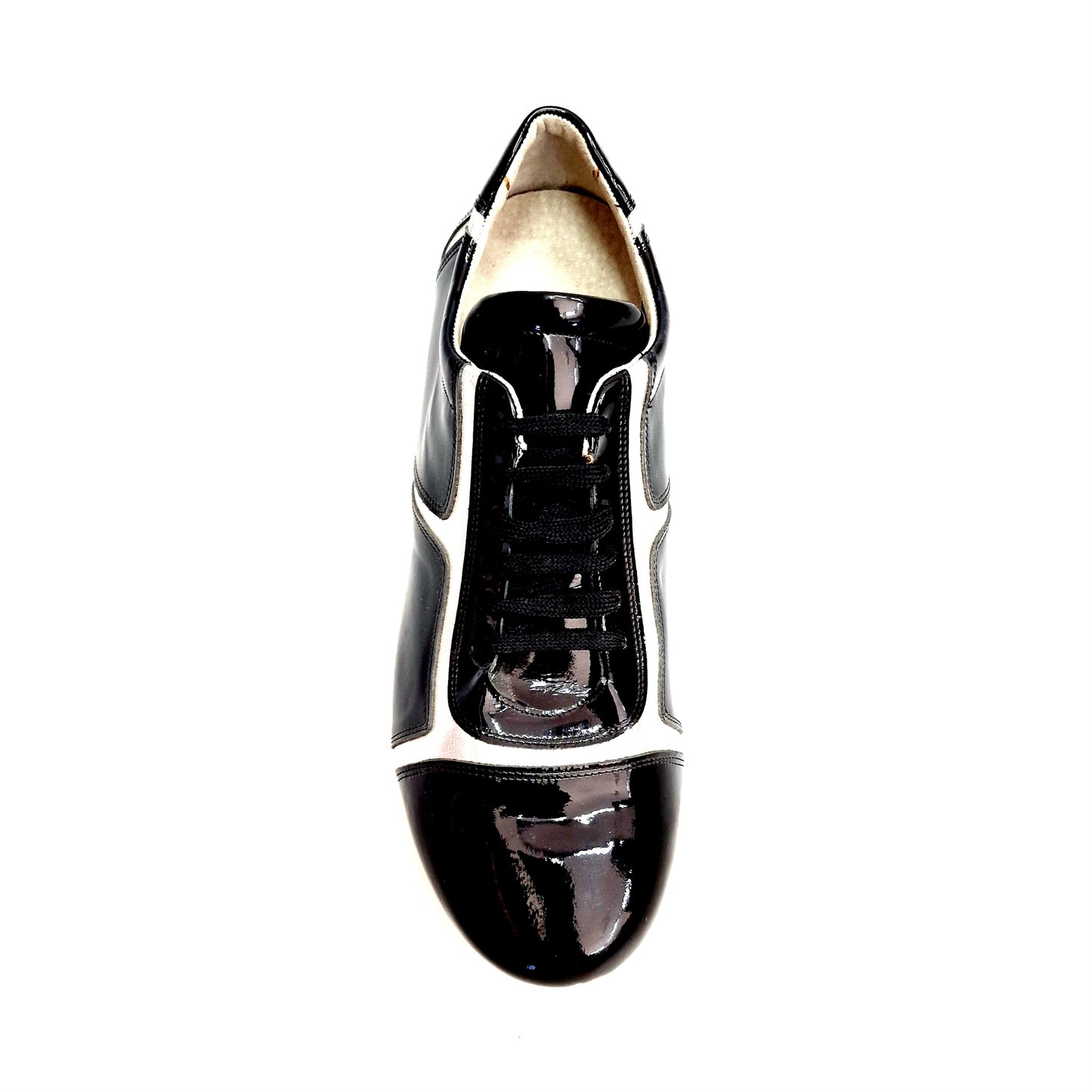 Sneaker Antony 115 da uomo in vernice nera con inserti in pelle argentata, scarpa elegante e moderna.