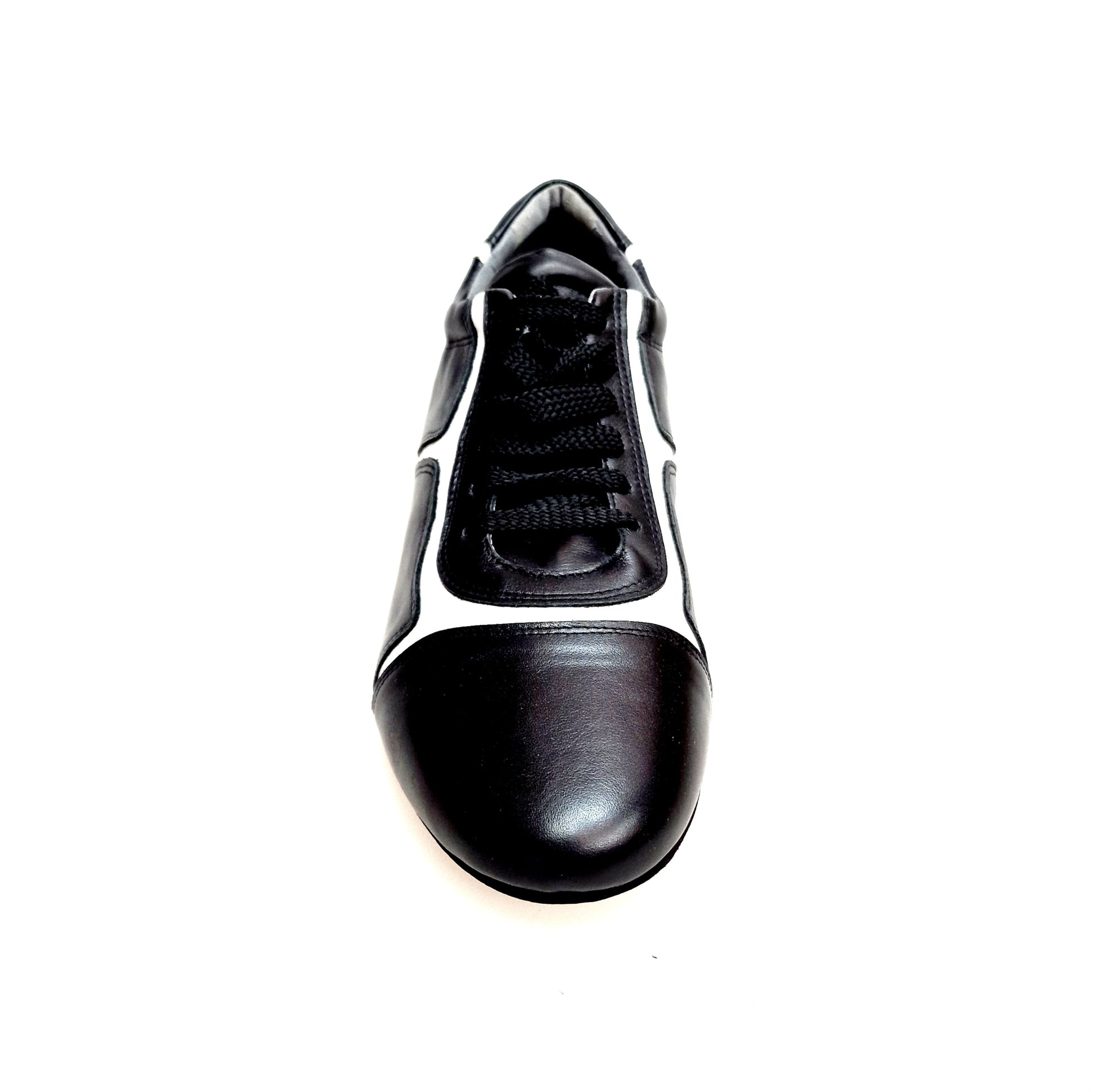 Sneaker Antony 115 da uomo in pelle nera con inserti in vernice bianca, scarpa casual moderna e stilosa.