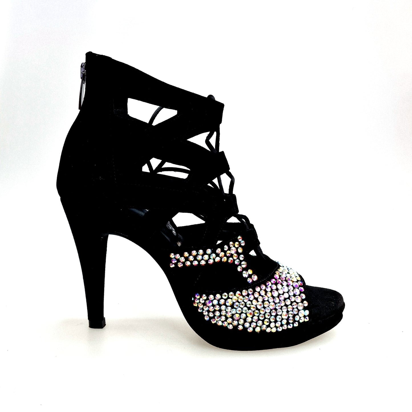 Sandalo a tronchetto Olimpya One in camoscio nero con Swarovski Boreali, plateau e tacco alto a spillo largo, moda Wish Dance Shop