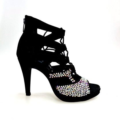 Sandalo a tronchetto Olimpya One in camoscio nero con Swarovski Boreali, plateau e tacco alto a spillo largo, moda Wish Dance Shop