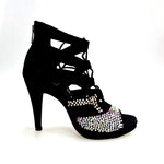 Carica immagine nella Galleria, Olimpya One - Sandalo a Tronchetto in Camoscio Nero e Swarovski Boreali parziali con Plateau e Tacco alto a Spillo largo
