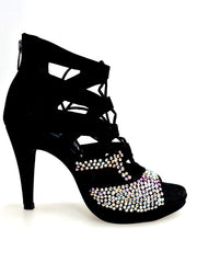 Carica immagine nella Galleria, Olimpya One - Sandalo a Tronchetto in Camoscio Nero e Swarovski Boreali parziali con Plateau e Tacco alto a Spillo largo
