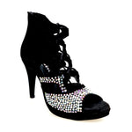 Carica immagine nella Galleria, Olimpya One - Sandalo a Tronchetto in Camoscio Nero e Swarovski Boreali parziali con Plateau e Tacco alto a Spillo largo
