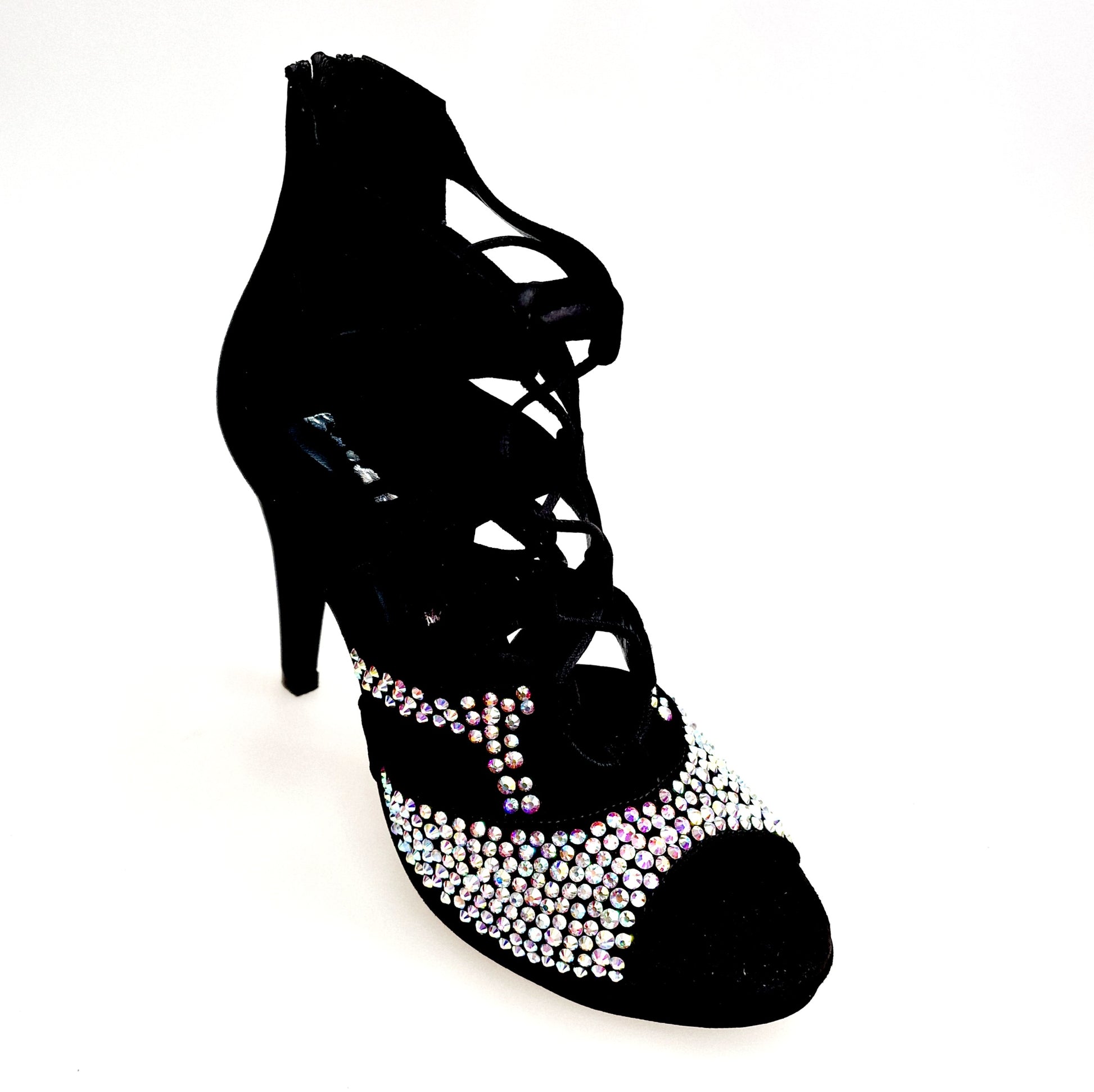 Sandalo a tronchetto Olimpya One in camoscio nero con Swarovski Boreali, plateau e tacco alto a spillo largo, stile elegante.