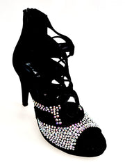 Carica immagine nella Galleria, Olimpya One - Sandalo a Tronchetto in Camoscio Nero e Swarovski Boreali parziali con Plateau e Tacco alto a Spillo largo
