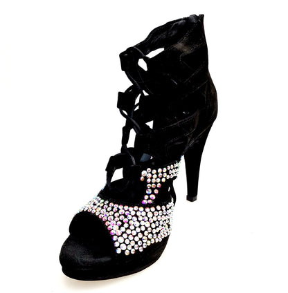 Sandalo a tronchetto Olimpya One in camoscio nero con Swarovski Boreali, plateau e tacco alto a spillo largo, stile elegante.