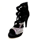 Carica immagine nella Galleria, Olimpya One - Sandalo a Tronchetto in Camoscio Nero e Swarovski Boreali parziali con Plateau e Tacco alto a Spillo largo
