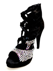 Carica immagine nella Galleria, Olimpya One - Sandalo a Tronchetto in Camoscio Nero e Swarovski Boreali parziali con Plateau e Tacco alto a Spillo largo
