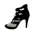 Carica immagine nella Galleria, Olimpya One - Sandalo a Tronchetto in Camoscio Nero e Swarovski Boreali parziali con Plateau e Tacco alto a Spillo largo
