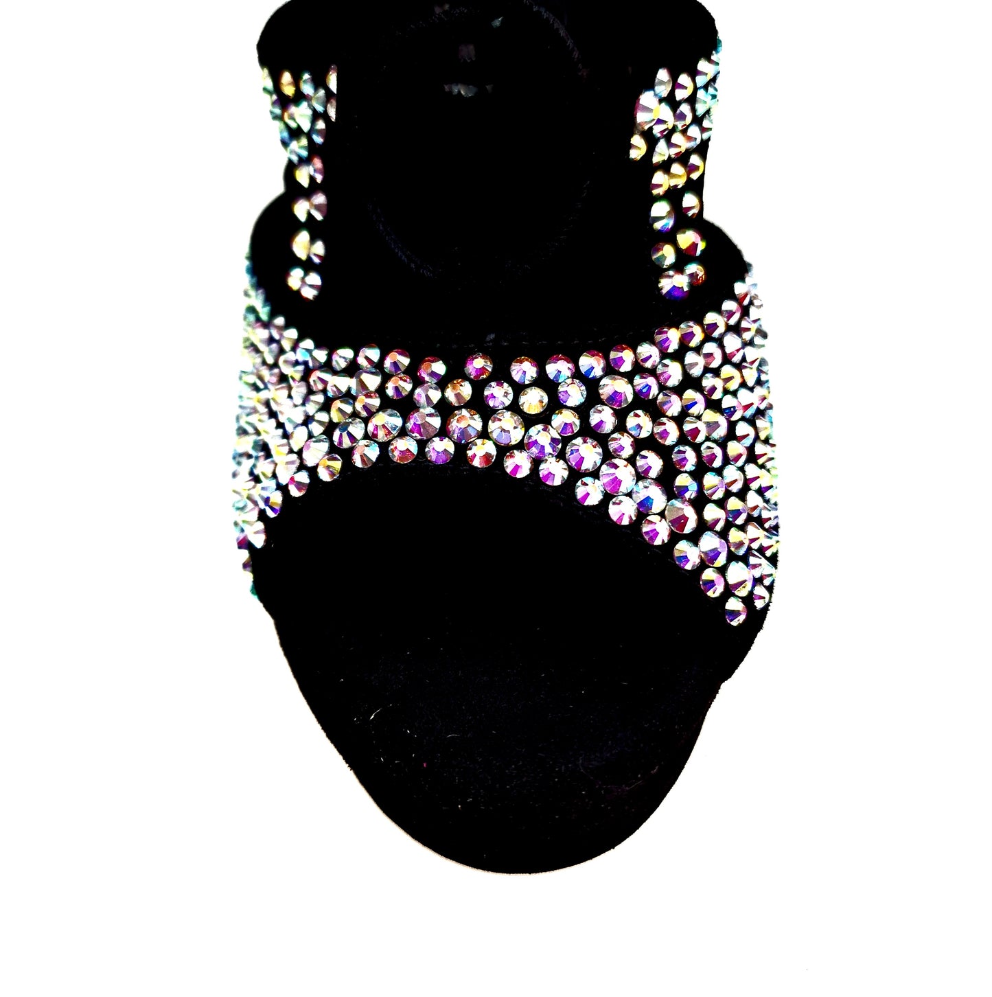 Sandalo a tronchetto Olimpya One in camoscio nero con Swarovski Boreali, plateau e tacco alto a spillo largo, stile elegante.