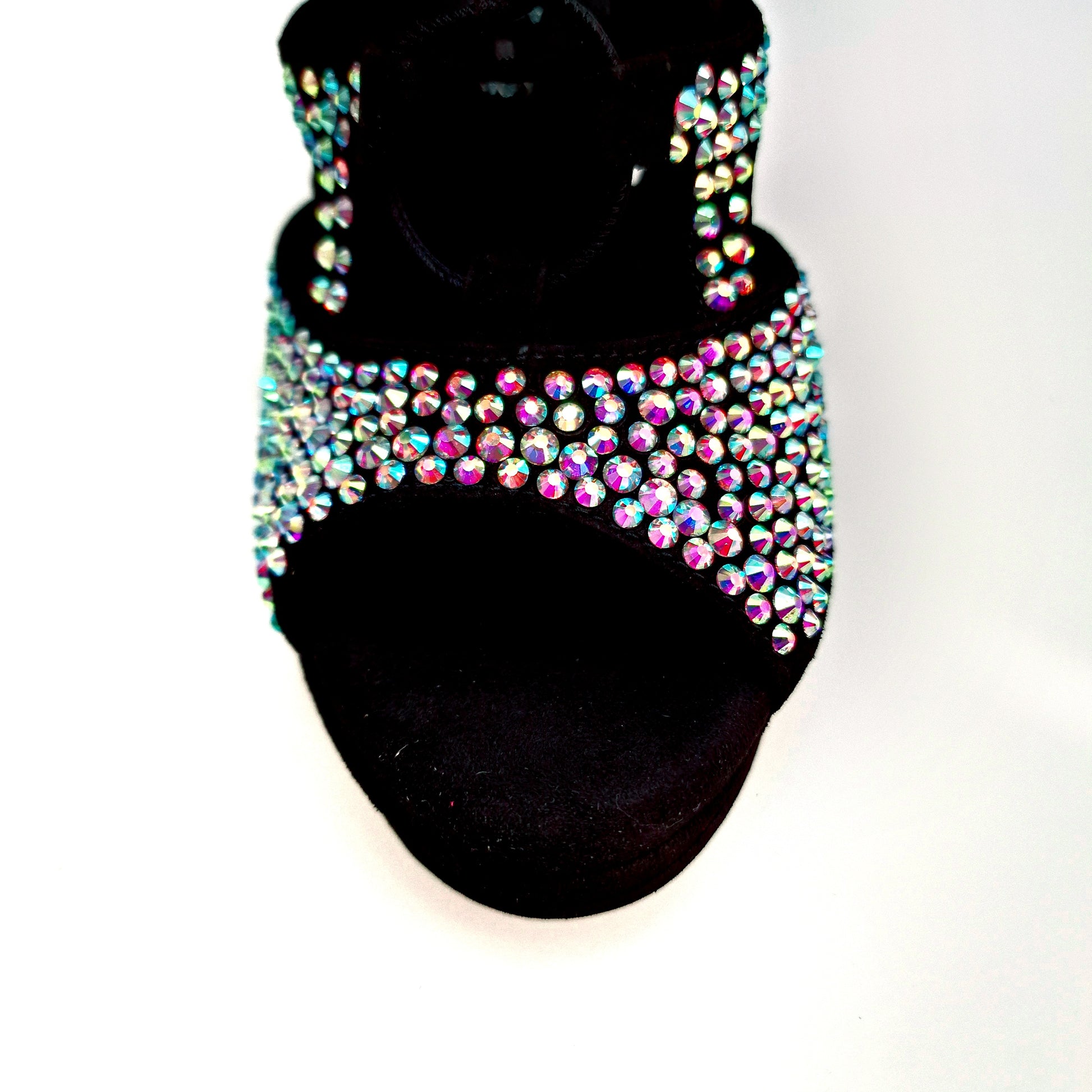 Sandalo a tronchetto Olimpya One in camoscio nero con Swarovski Boreali, plateau e tacco alto a spillo largo, Wish Dance Shop