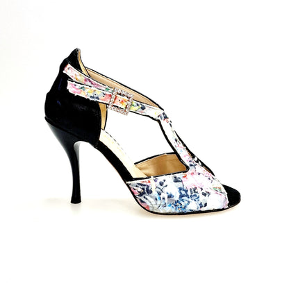Sandalo Outlet 1557H in tela acquarello con disegno floreale, tacco a spillo e dettaglio in lurex nero.