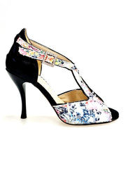 Load image into Gallery viewer, 1557H (401) Sandalo in Tela Acquarello Disegno Floreale a Rilievo Tallone in Lurex Nero con Tacco a Spillo
