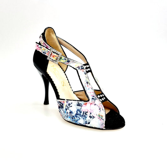 Sandalo Outlet 1557H (401) in tela acquarello con disegno floreale, tacco a spillo e dettaglio in lurex nero.