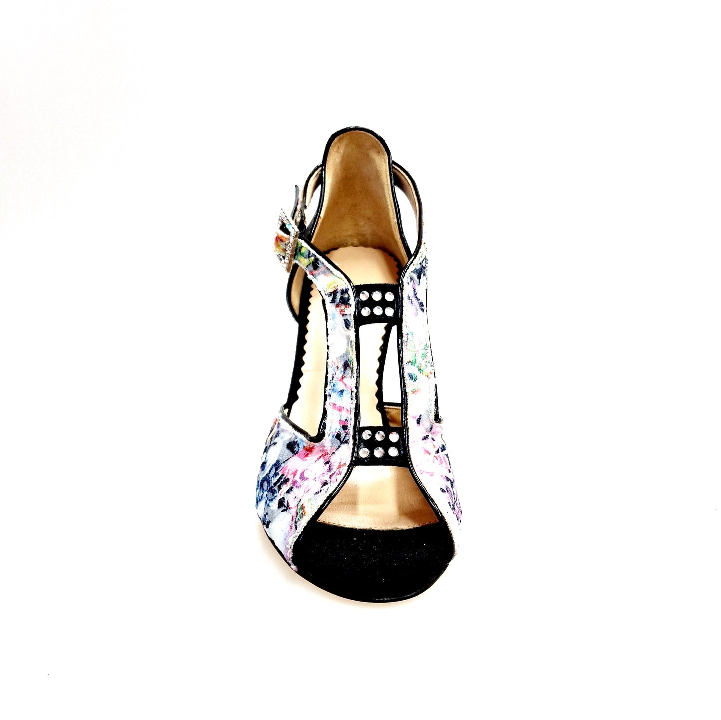 Sandalo in tela acquarello con disegno floreale, tacco a spillo e dettaglio in lurex nero, modello 1557H (401) Outlet