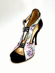 Load image into Gallery viewer, 1557H (401) Sandalo in Tela Acquarello Disegno Floreale a Rilievo Tallone in Lurex Nero con Tacco a Spillo
