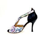 Load image into Gallery viewer, 1557H (401) Sandalo in Tela Acquarello Disegno Floreale a Rilievo Tallone in Lurex Nero con Tacco a Spillo
