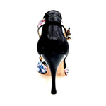 Load image into Gallery viewer, 1557H (401) Sandalo in Tela Acquarello Disegno Floreale a Rilievo Tallone in Lurex Nero con Tacco a Spillo
