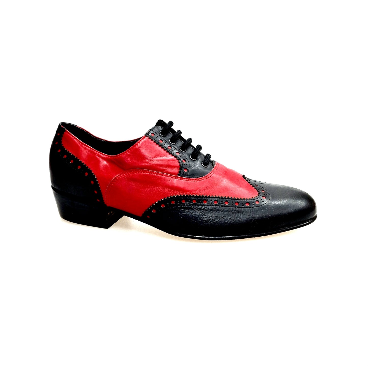 Scarpa da uomo Samuel Movida WISH DANCE in pelle nera e rossa, forma lunga con tacco in legno, dettaglio elegante.
