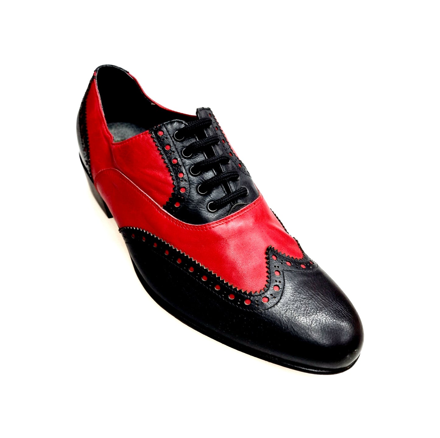 Scarpa da uomo Samuel Movida by Wish Dance in pelle nera e rossa, forma lunga con tacco in legno, dettagli eleganti.