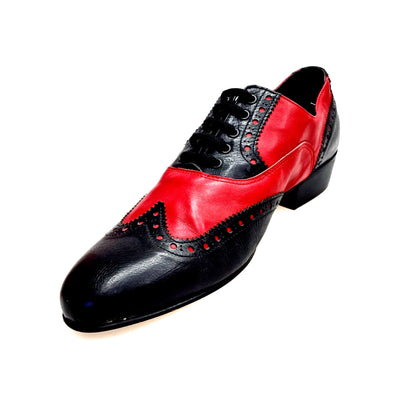 Scarpa da uomo Samuel Movida by Wish Dance in pelle nera e rossa con tacco in legno, forma lunga, dettaglio elegante.