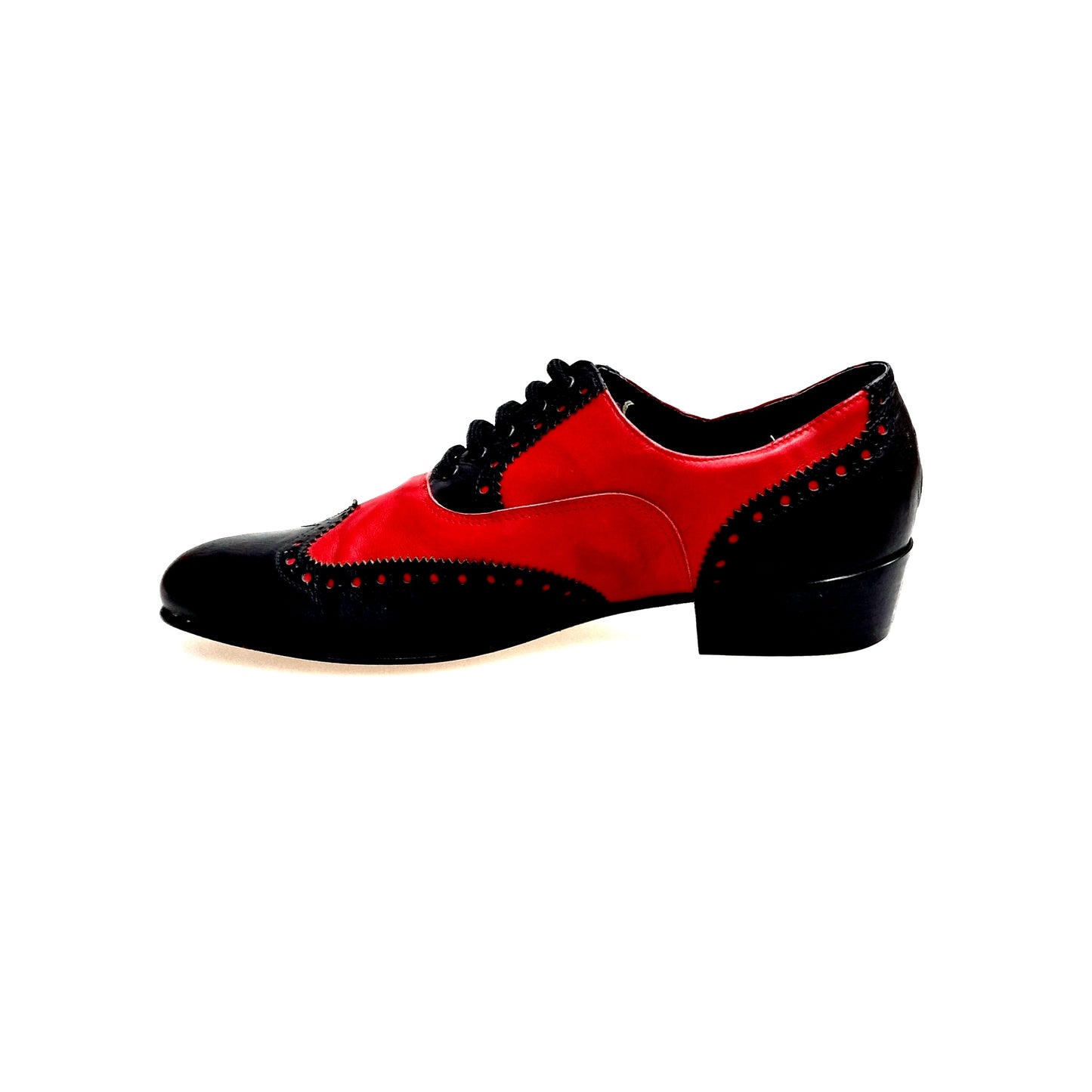 Scarpa da uomo Samuel Movida di Wish Dance in pelle nera e rossa, forma lunga con tacco in legno, dettagli eleganti e moderni
