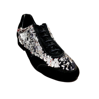 Sneaker da uomo Movida by WISH DANCE in camoscio nero con dettagli paillettes argento, scarpa casual elegante.