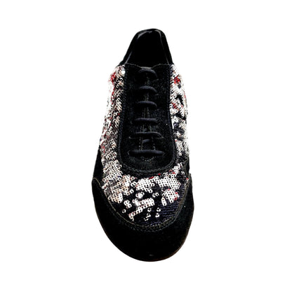 Scarpa da uomo Movida by WISH DANCE, sneaker in camoscio nero con dettagli di paillettes argento, stile elegante e moderno