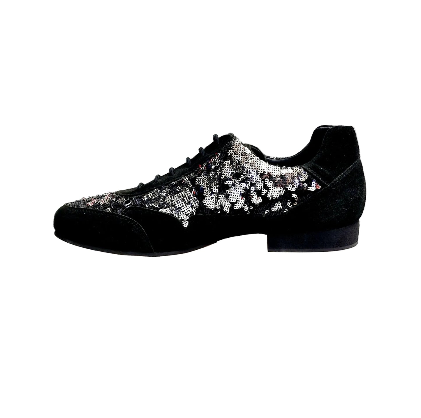 Scarpa da uomo Movida by WISH DANCE, sneaker in camoscio nero con dettagli di paillettes argento.