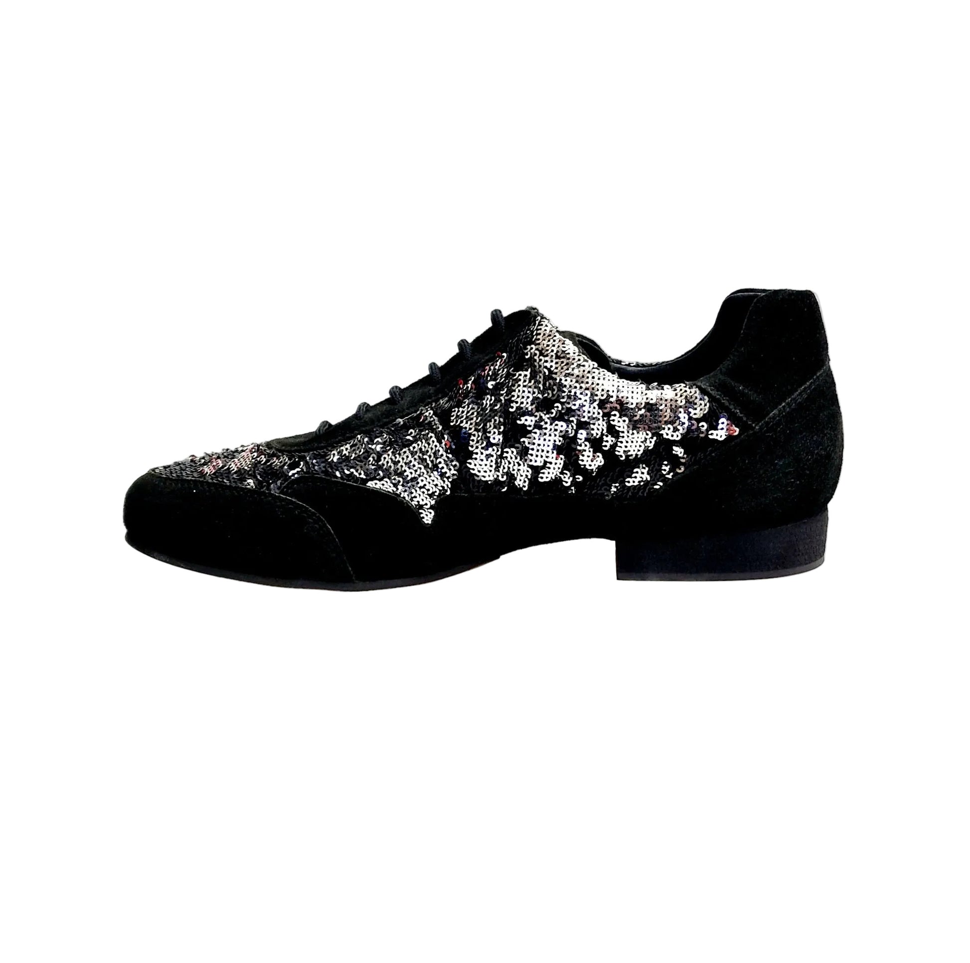 Scarpa da uomo Movida by WISH DANCE, sneaker in camoscio nero con dettagli di paillettes argento.